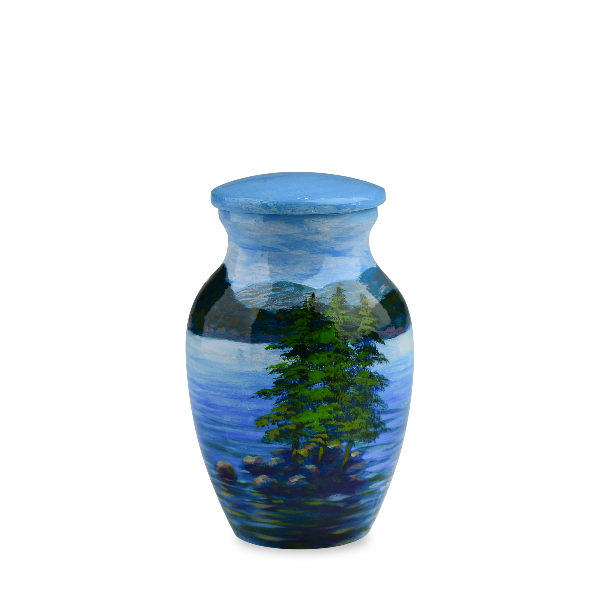 Hand-painted mountain landscape vase on white background.