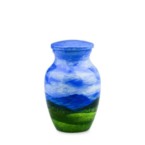 Hand-painted landscape vase on white background.