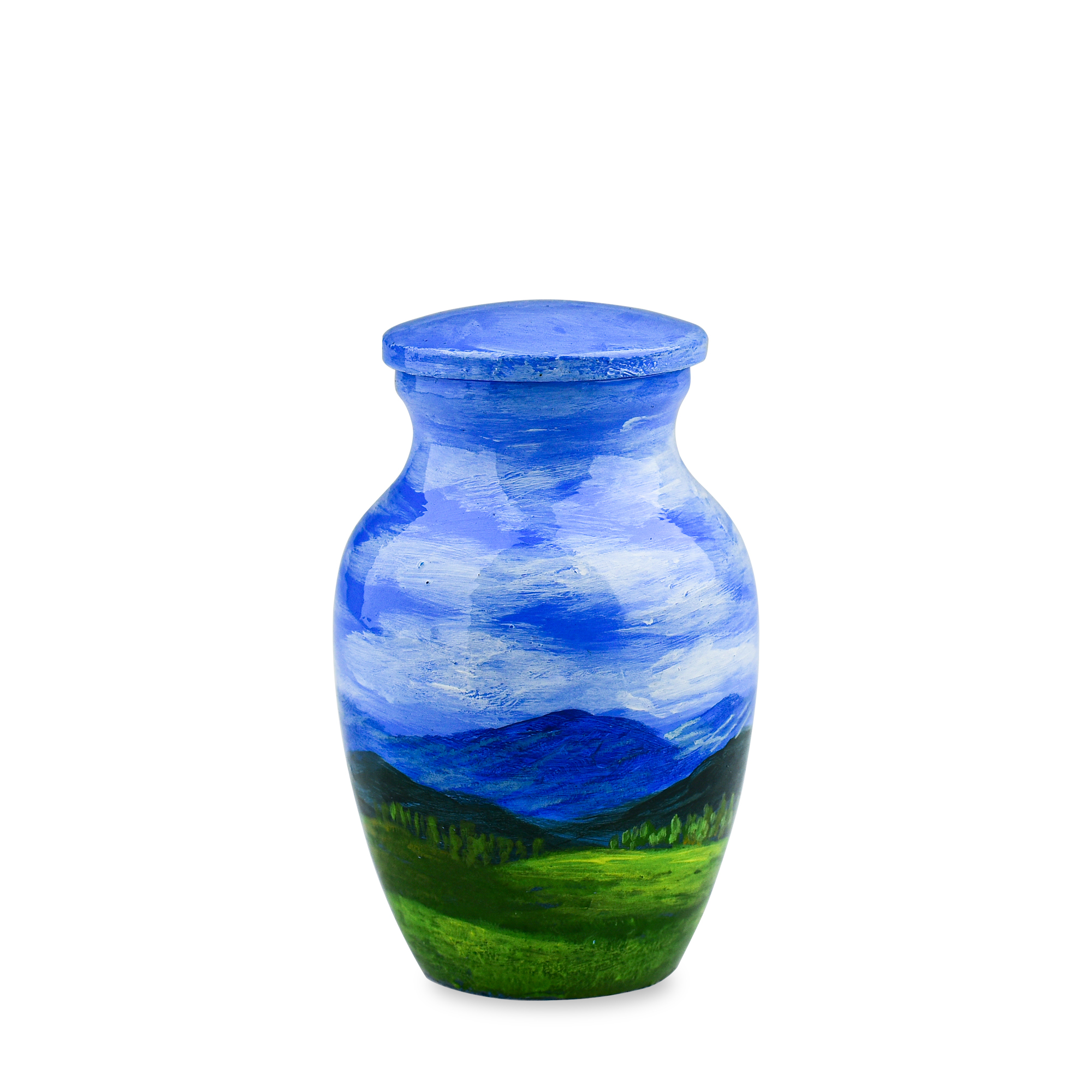 Hand-painted landscape vase on white background.