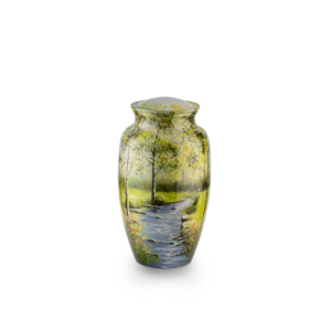 Hand-painted landscape vase on white background.