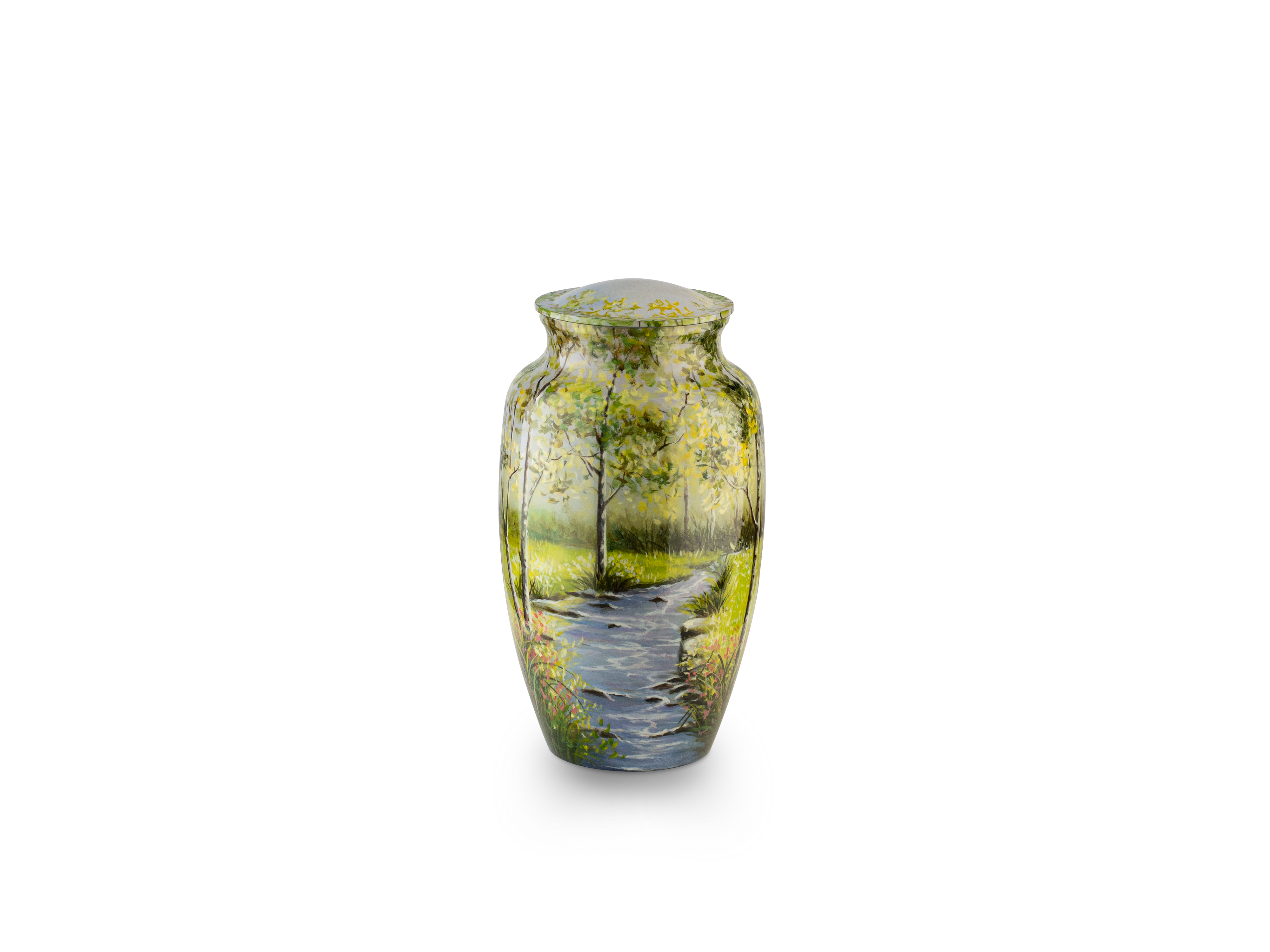 Hand-painted landscape vase on white background.