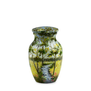 Hand-painted nature scene on ceramic vase.