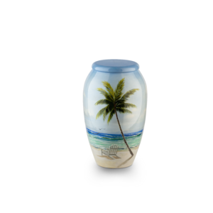 Tropical beach scene painted on decorative vase.