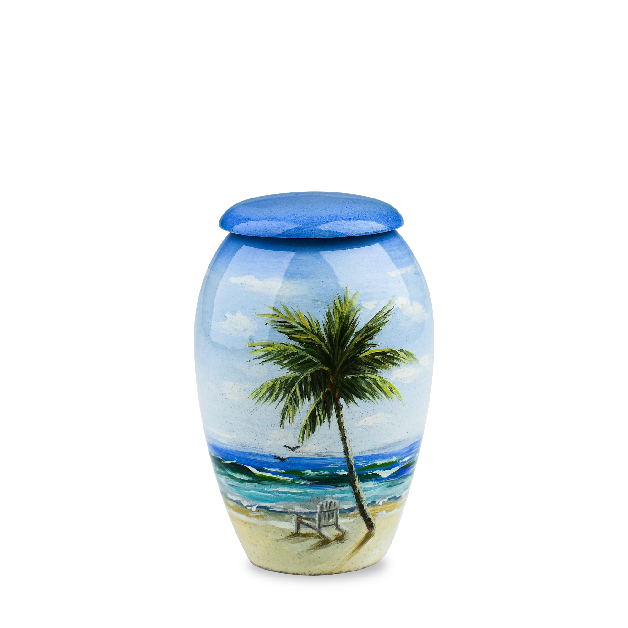 Beach scene painted urn on white background.