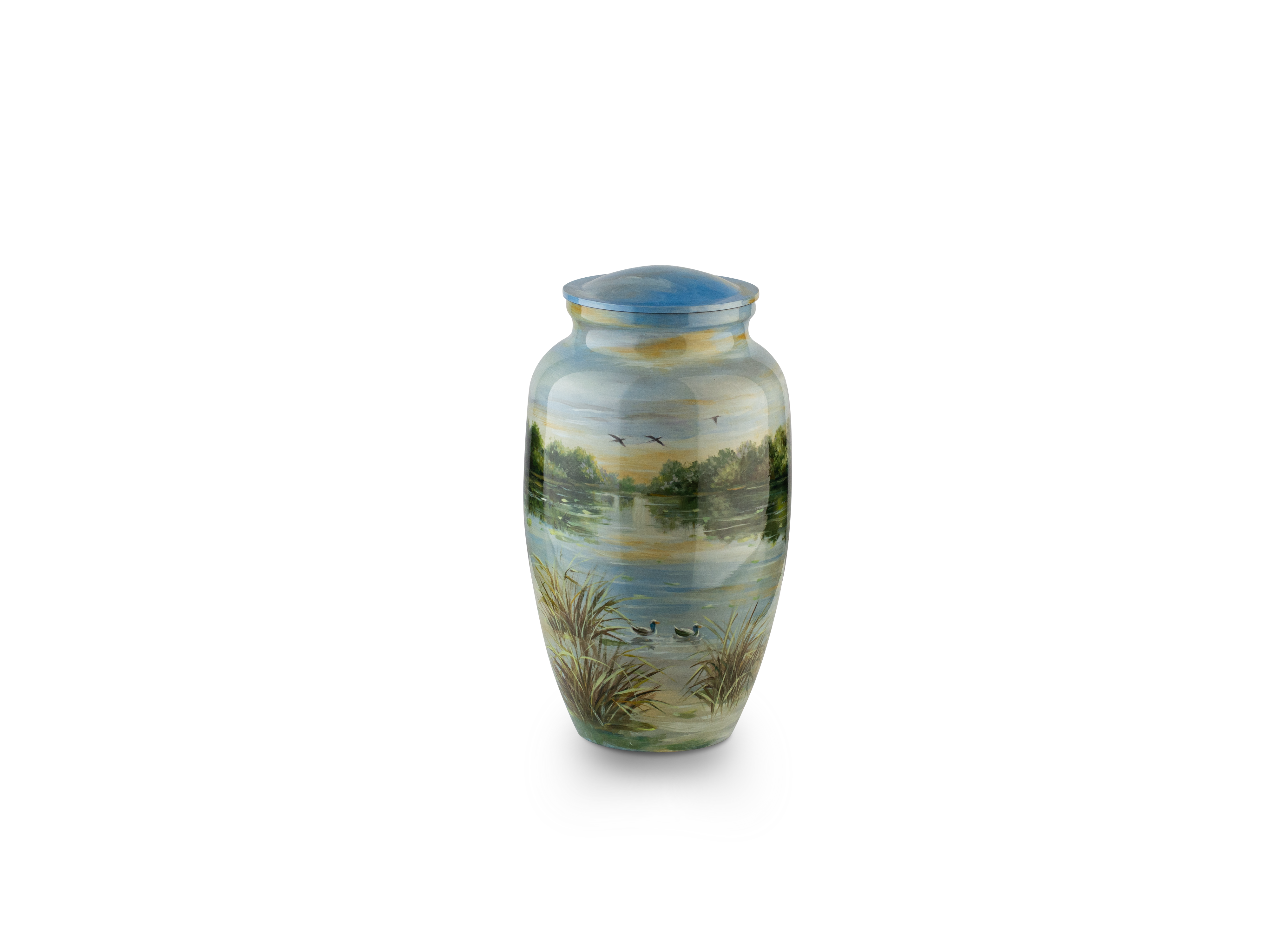 Hand-painted urn with serene landscape design.