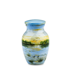 Painted landscape vase isolated on white background.