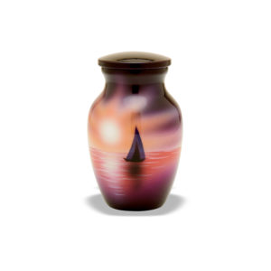 Decorative urn with painted sunset and sailboat design.
