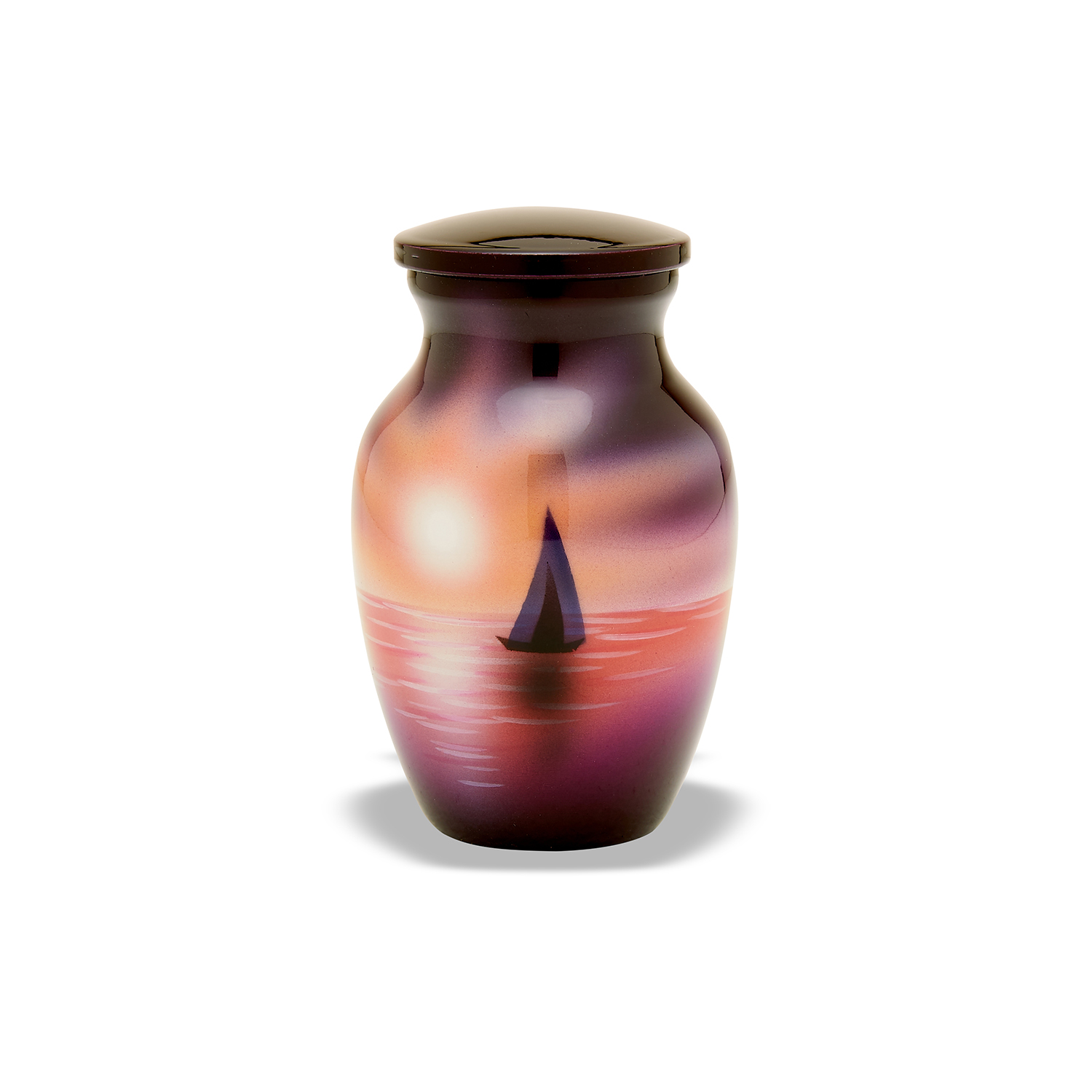 Decorative urn with painted sunset and sailboat design.