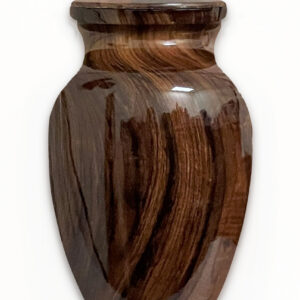 Wooden urn with textured finish on white background.