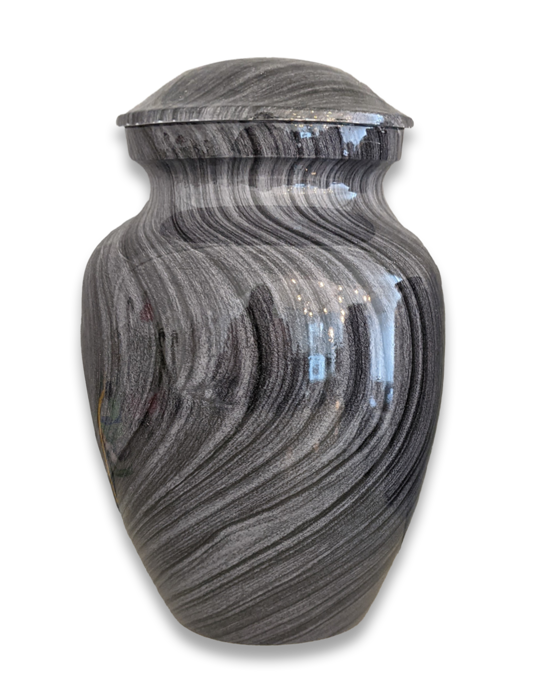 Marbled urn with lid on white background.