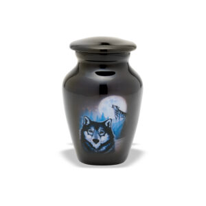 Black urn with wolf painting on white background.
