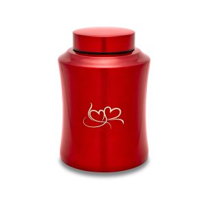 Red container with heart design, isolated on white.