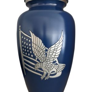 Blue urn with eagle and American flag design.